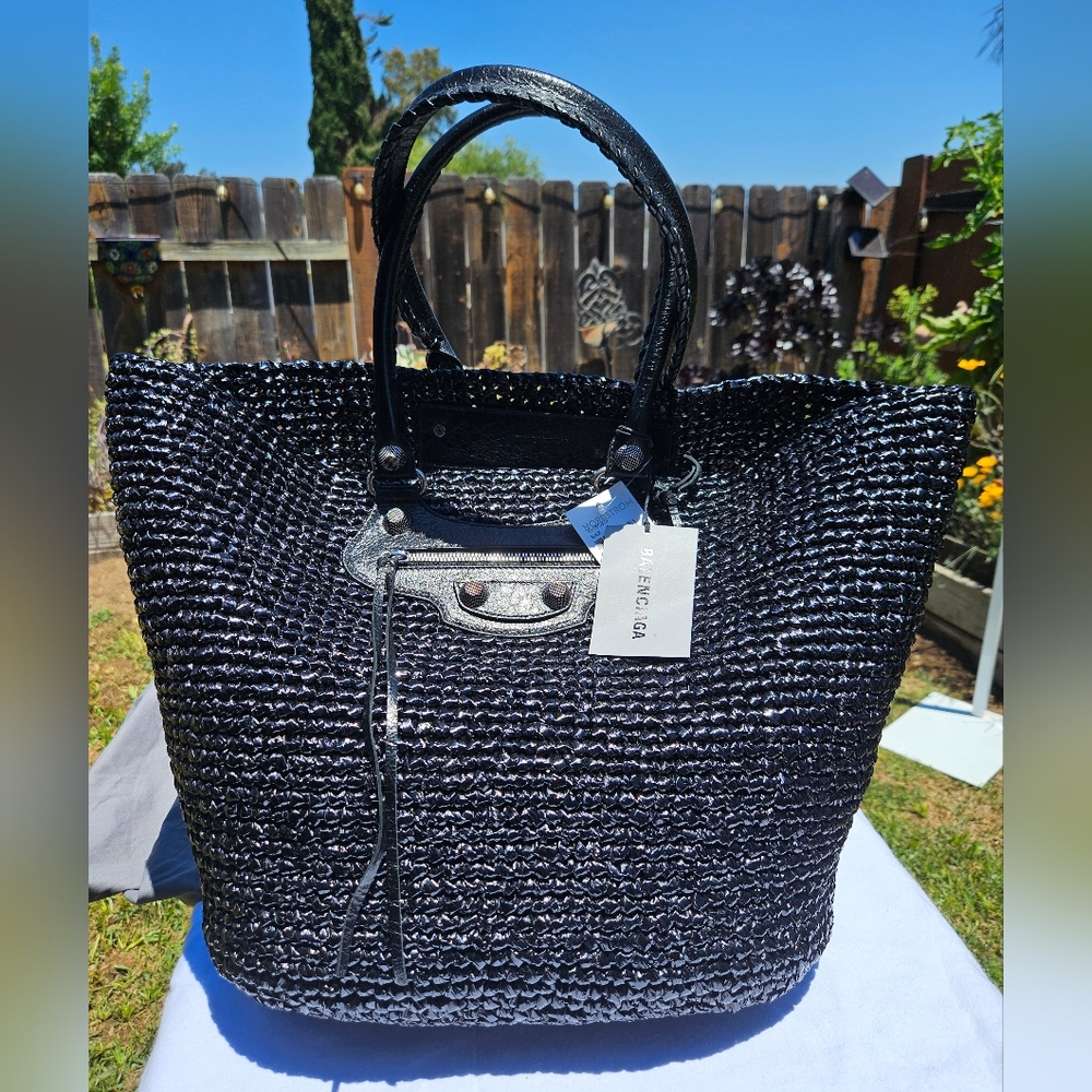 NWT Balenciaga Le Cagole Paniee Raffia Large Black Woven Tote Bag